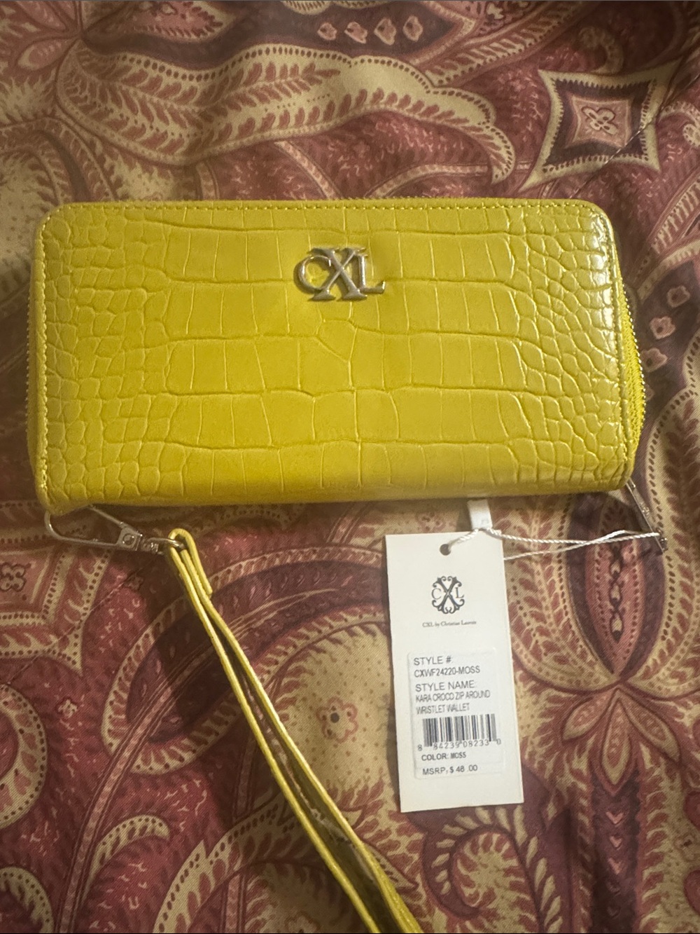 Christian Lacroix Bright Yellow-Green Croc-Embossed Wristlet Wallet NWT $48
